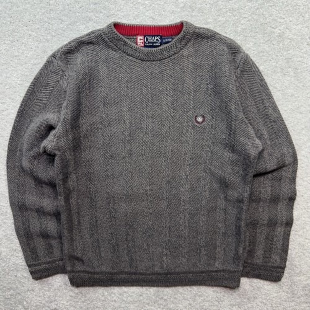 Chaps Ralph Lauren Sweater Mens Small Gray Herringbone Cotton Crewneck Logo Knit